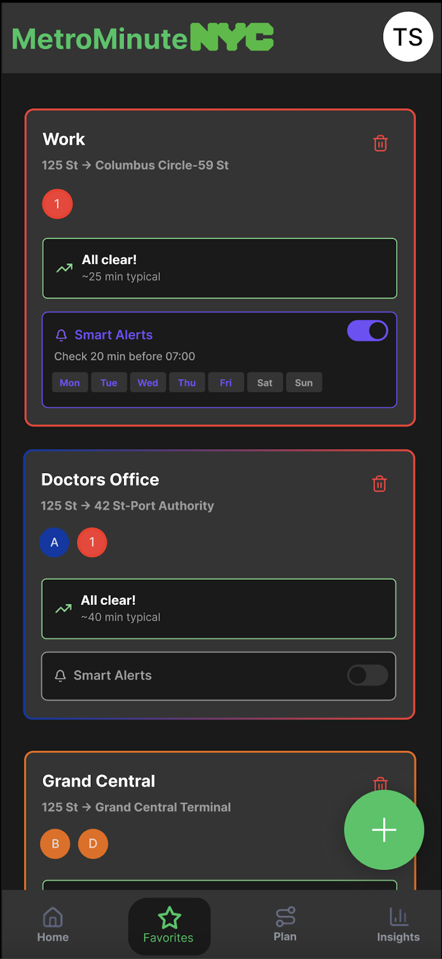 MetroMinute NYC favorites screen