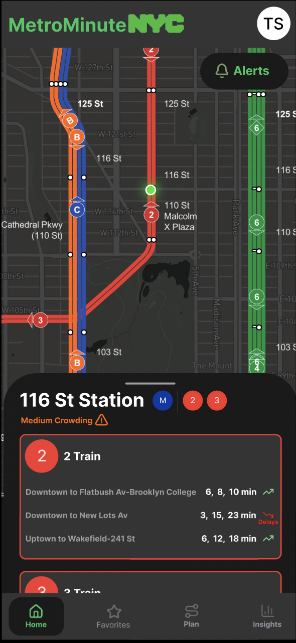 MetroMinute NYC favorites screen