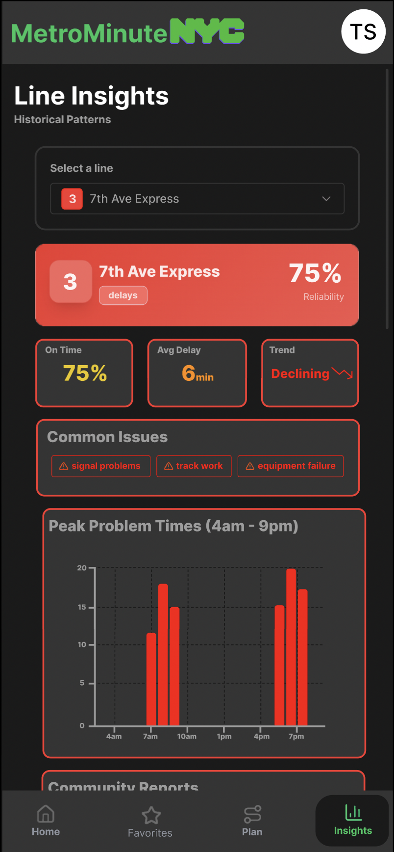MetroMinute NYC favorites screen